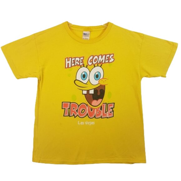 SPONGE BOB Tee Shirt Youth Large Y/L Unisex Here Comes Trouble Las Vegas - Picture 1 of 16